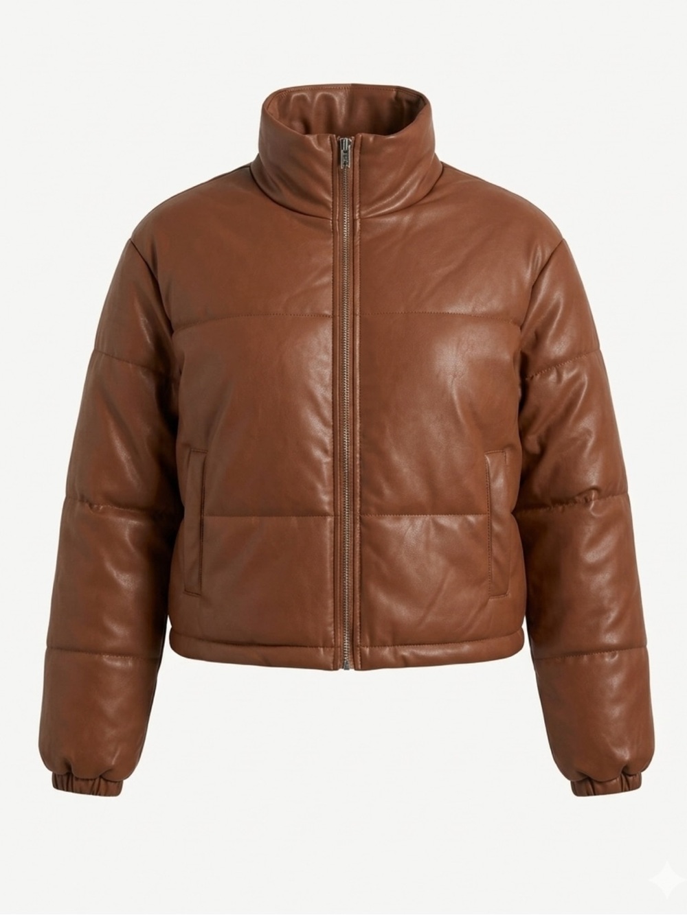 Women's Brown Puffer Jacket - Leather synthetic -Look Crop Coat